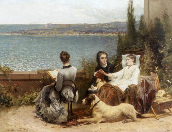 unknow artist Les dames de lete avec leur chien Germany oil painting art